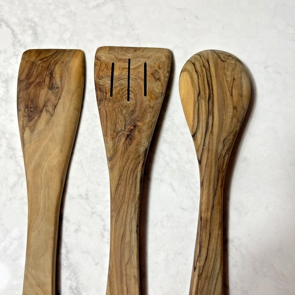 Mediterranean Olive Wood 3-Piece Handmade Cooking & Serving Utensils